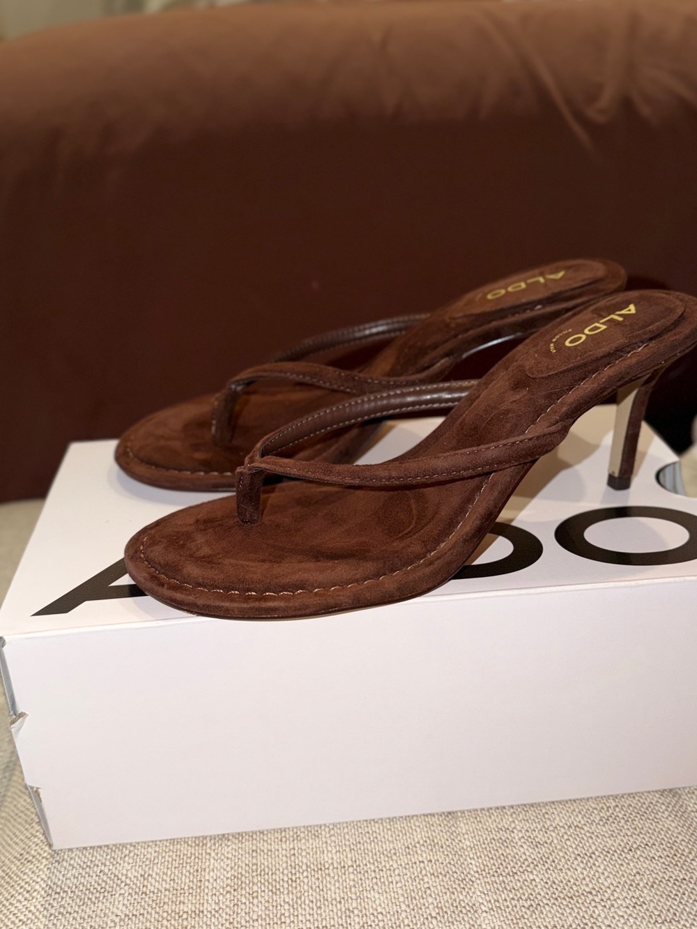 ALDO Women's Chocolate Brown Suede Thong Heel Sandals